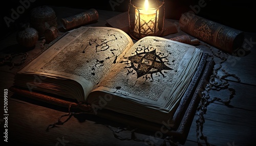 Necronomicon spell book on a wooden table by candle light generative ai  photo