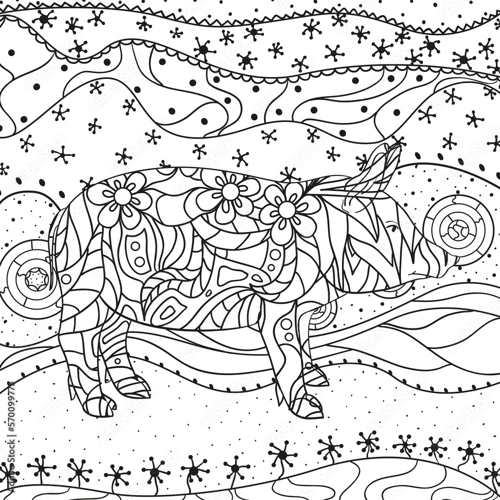 Obraz premium Ornate wallpaper with pig. Hand drawn waved ornaments on white. Abstract patterns on isolated background. Design for spiritual relaxation for adults. Line art. Black and white illustration