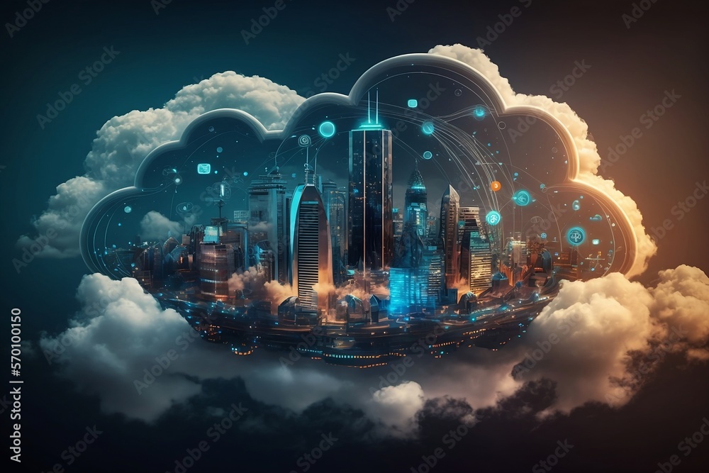 Cloud Computer Konzept, Metaverse, Cyper City Wireless Internet Kommunikation, Künstliche Intelligenz Business
