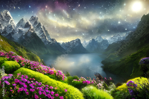 beautiful lake in the mountains surrounded by beautiful flowers, Generative Ai