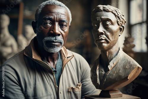 African American sculptor in his workshop. Looking serious at camera.