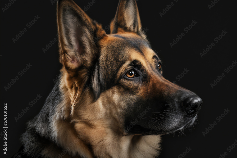 Beautiful german shepherd dog, studio portrait. Sheepdog face isolated on black background. Police dog breed