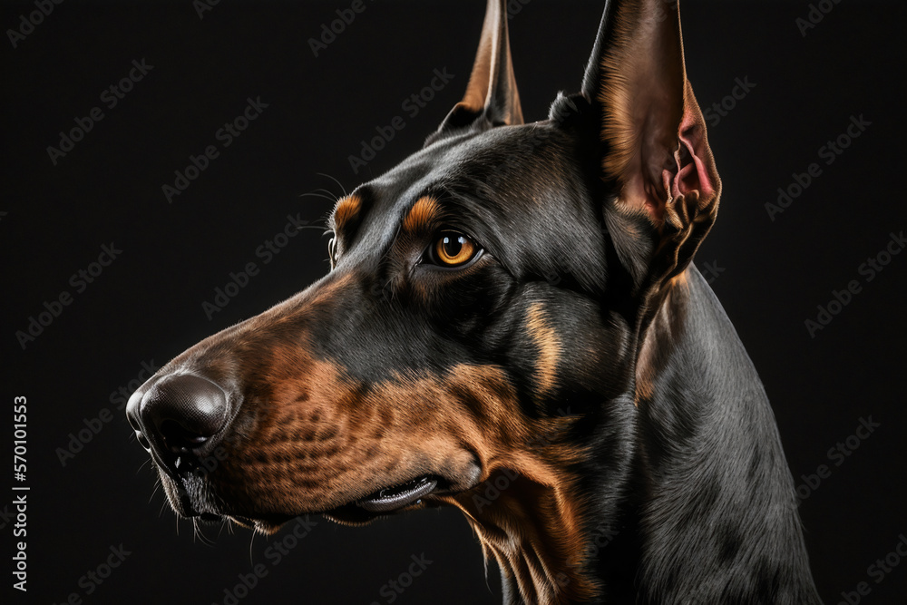 Obraz premium Beautiful doberman dog, studio portrait. Premium security dog face isolated on black background. Luxury short hair black dog breed