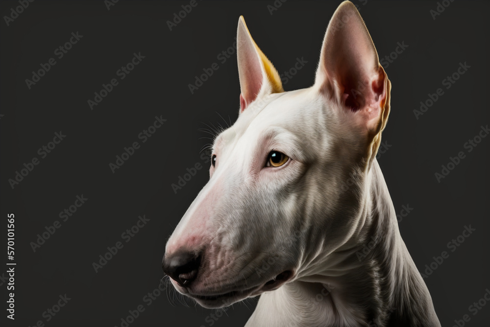 English bull terrier, white dog portrait. Bullterrier face isolated on black background. Short haired dog breed
