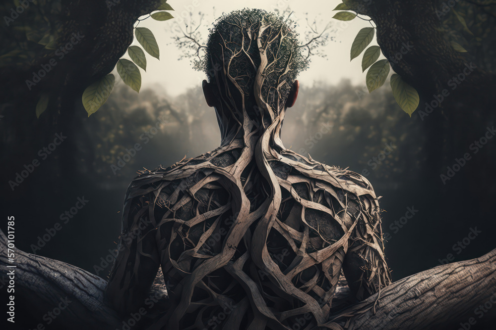 Nature connection, forest meditation and mindfullnes lifestyle concept art, spiritual awerness, mental soul health, self care, healthy habit, relief generative ai Stock Illustration | Adobe Stock