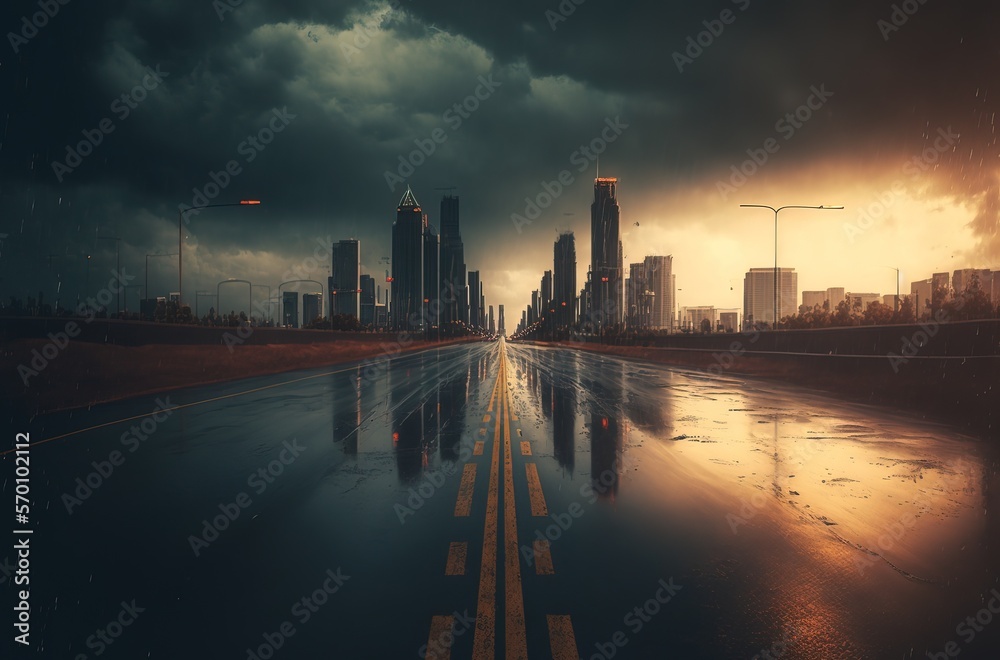 epic dystopian highway leading to a post apocalypse skyline with tall skyscrapers and buildings. west concrete. light shining through the dark stormy clouds. 