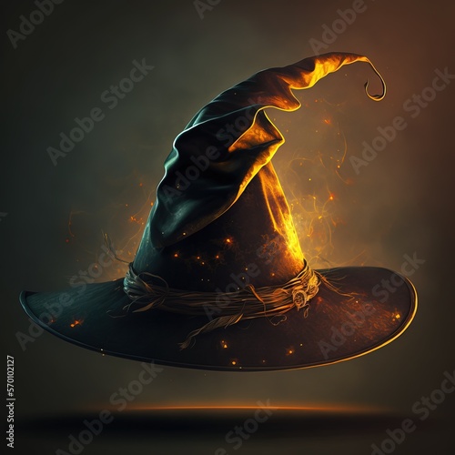 glowing brown leather witch hat. glowing fog background. photo