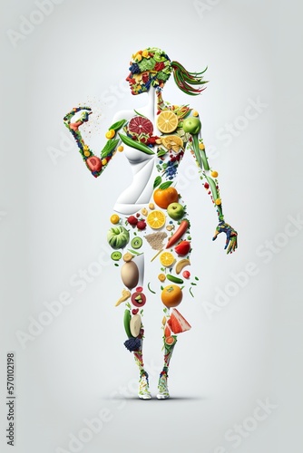 Canvastavla Healthy food concept. Woman body mead of fruits and vegetables.