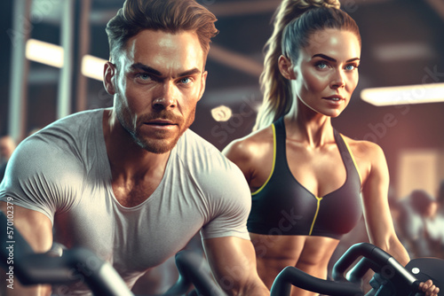 Young very fit looking man and woman working out at the gym on exercise bikes, bright wellness image, generative AI illustration
