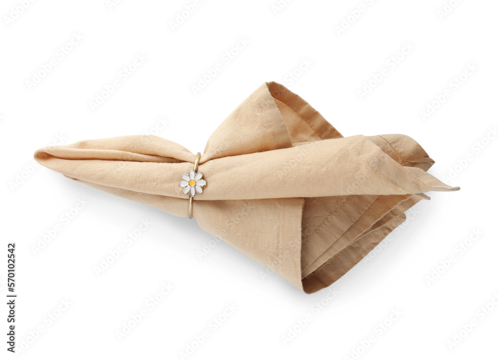 Napkin with decorative ring for table setting isolated on white, top view Napkin with decorative ring for table setting isolated on white, top view