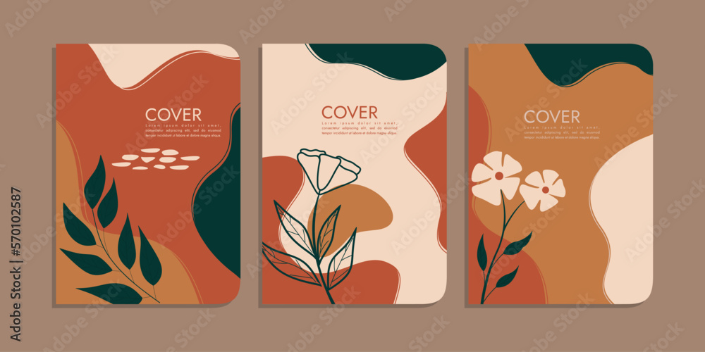 set of book cover designs with hand drawn floral decorations. abstract retro botanical background.size A4 For notebooks, planners, brochures, books, catalogs