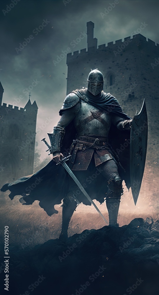 Naklejka premium medieval knight. castle fort with stormy weather. knight in full Armour.