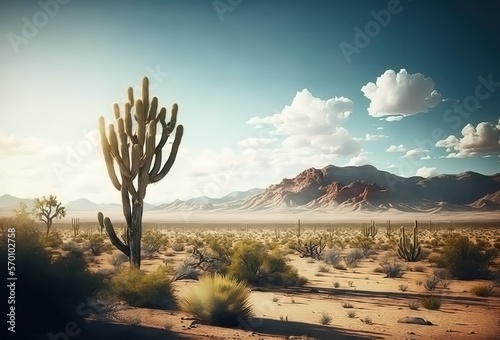desert landscape. bright blue sky sunny day. white clouds. barren and dry. cactus cacti.