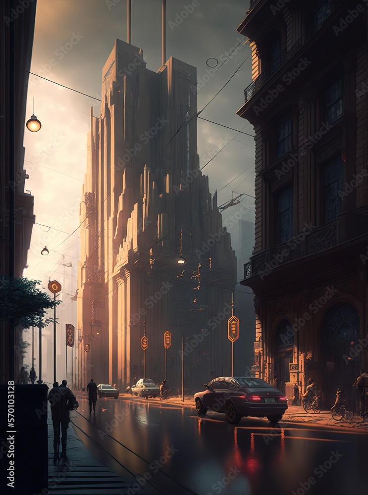 street with tall buildings in a city. noir steampunk city.