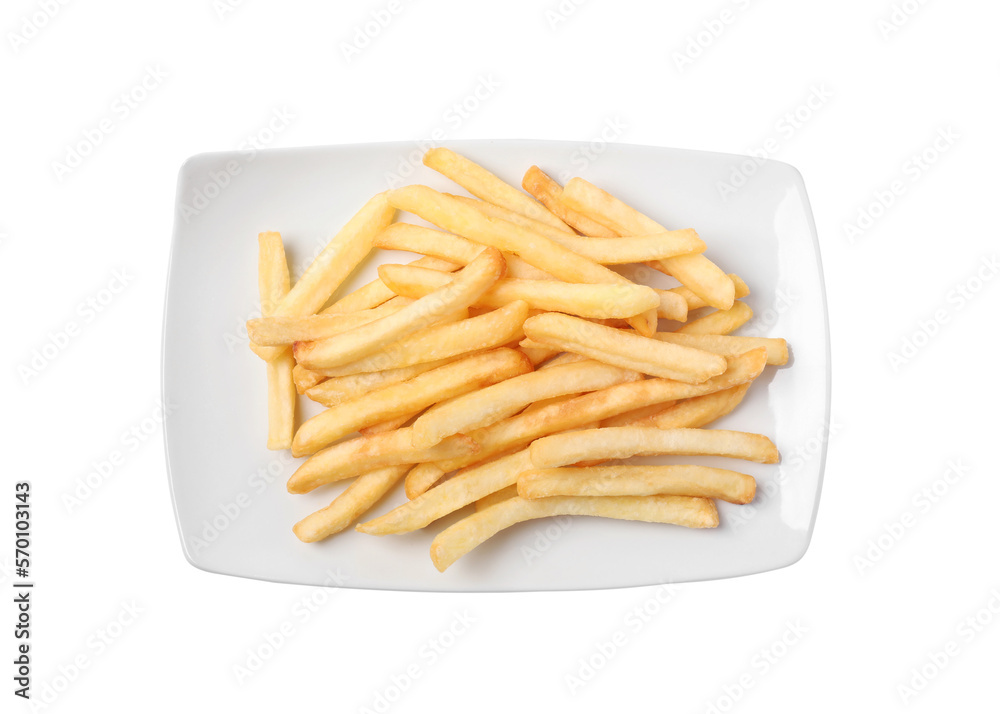 Tasty French fries on white background, top view Tasty French fries on white background, top view