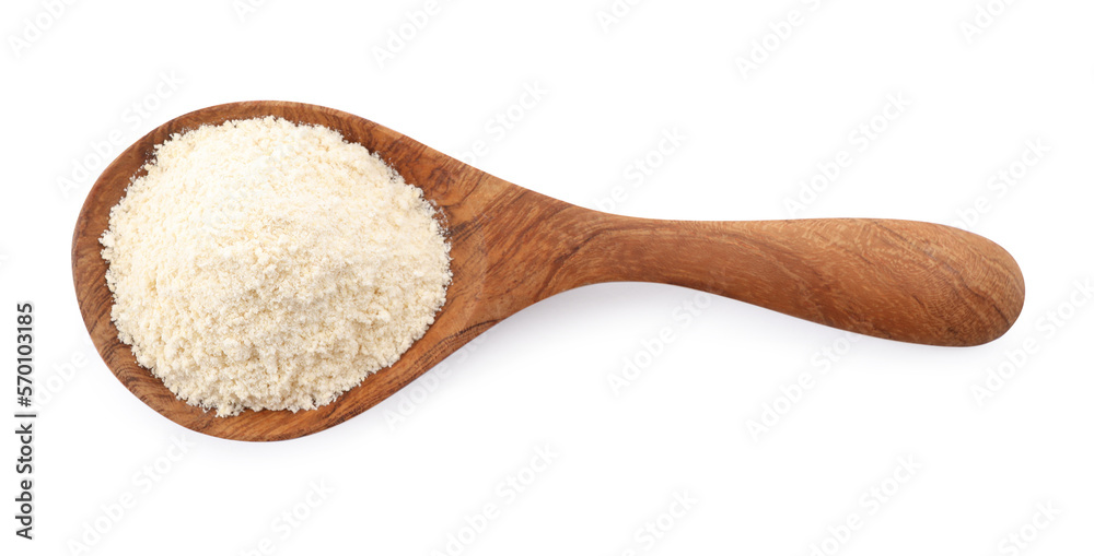 Wooden spoon with quinoa flour on white background, top view Wooden spoon with quinoa flour on white background, top view