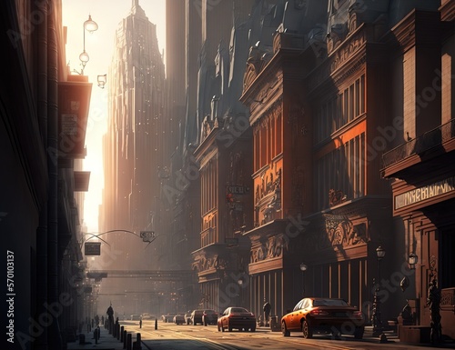 sepia noir steampunk city. street with tall buildings on both sides. private detective vintage retro.