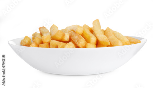 Plate with tasty French fries on white background