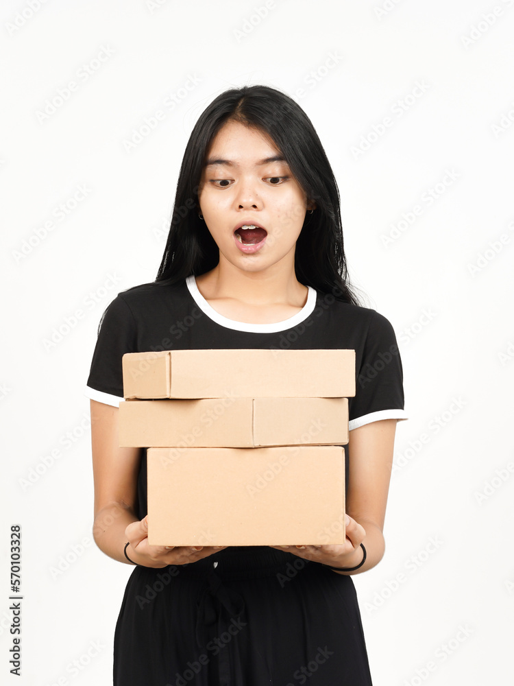 Holding Package Box or Cardboard Box Of Beautiful Asian Woman Isolated On White Background Holding Package Box or Cardboard Box Of Beautiful Asian Woman Isolated On White Background