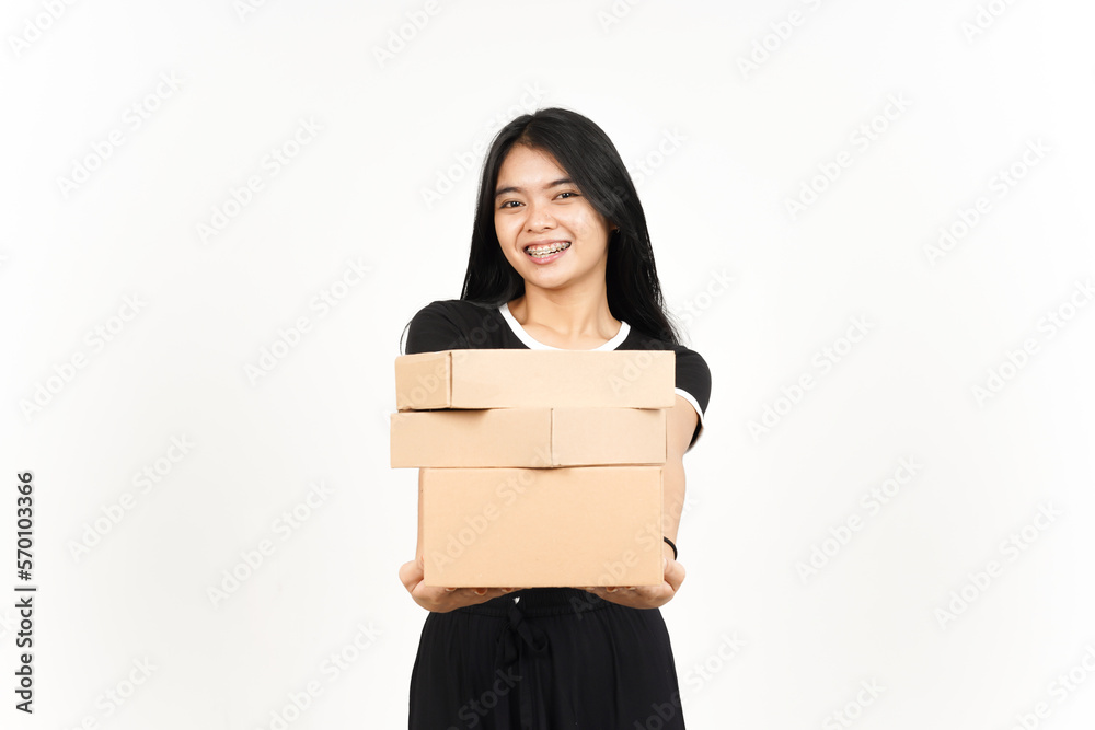 Holding Package Box or Cardboard Box Of Beautiful Asian Woman Isolated On White Background Holding Package Box or Cardboard Box Of Beautiful Asian Woman Isolated On White Background