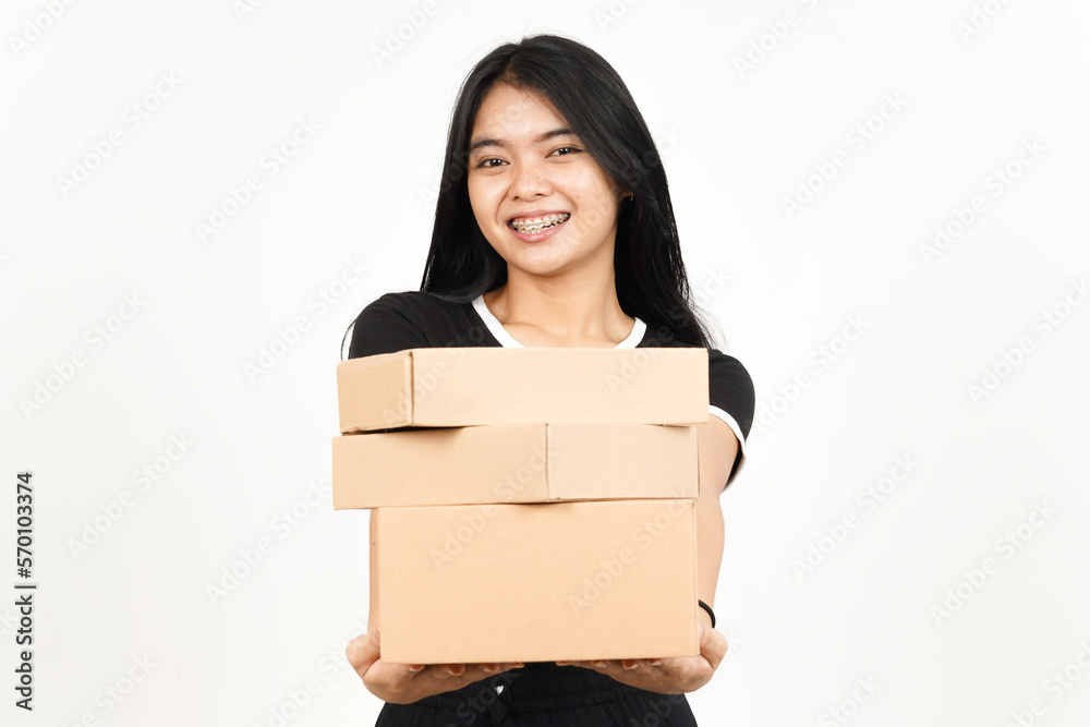 Holding Package Box or Cardboard Box Of Beautiful Asian Woman Isolated On White Background Holding Package Box or Cardboard Box Of Beautiful Asian Woman Isolated On White Background