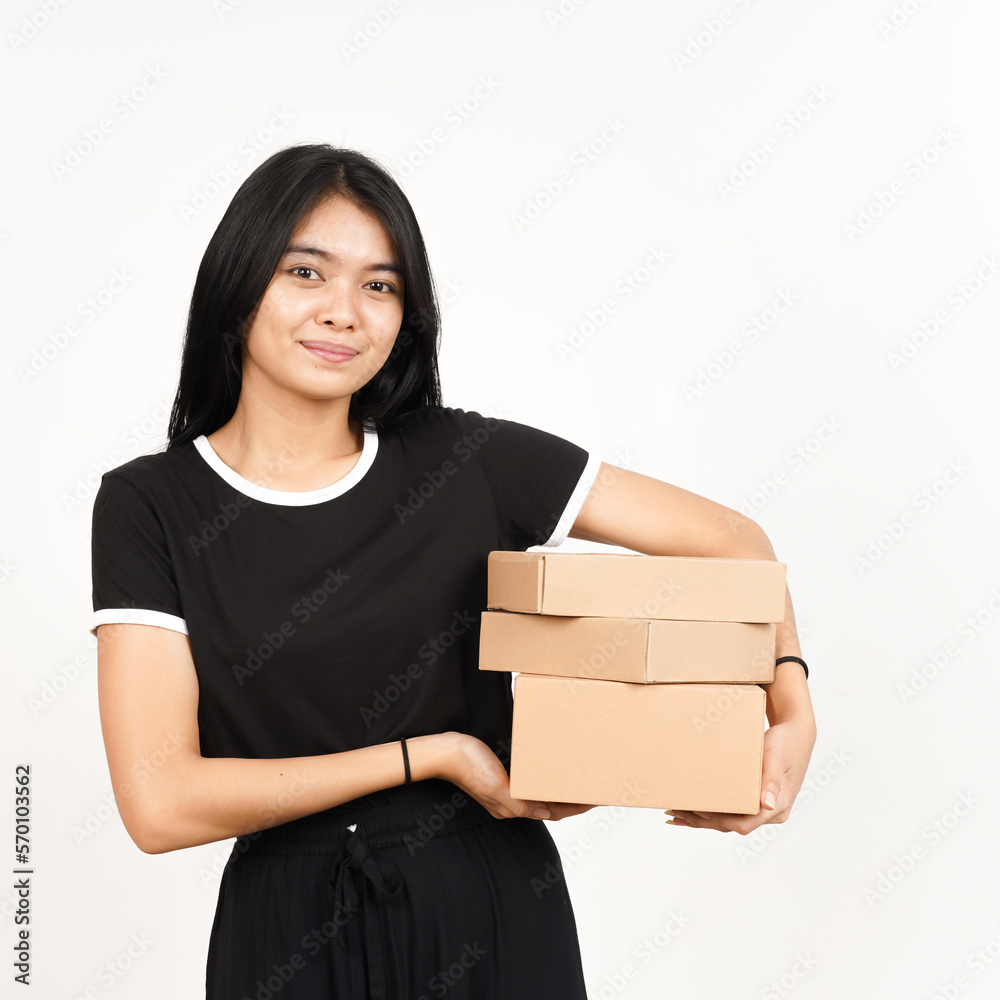 Holding Package Box or Cardboard Box Of Beautiful Asian Woman Isolated On White Background Holding Package Box or Cardboard Box Of Beautiful Asian Woman Isolated On White Background