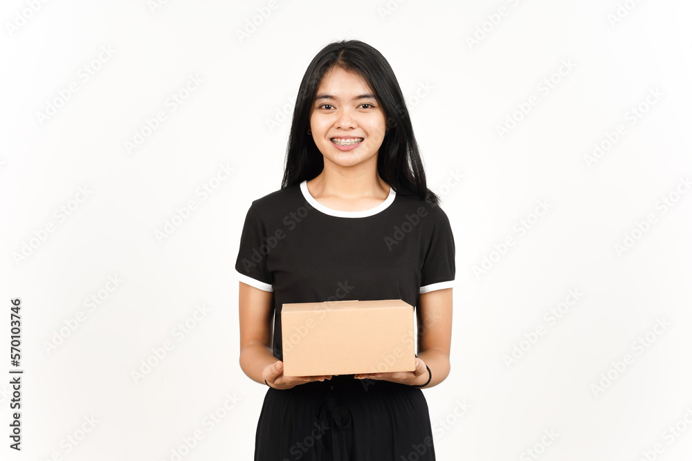Holding Package Box or Cardboard Box Of Beautiful Asian Woman Isolated On White Background Holding Package Box or Cardboard Box Of Beautiful Asian Woman Isolated On White Background