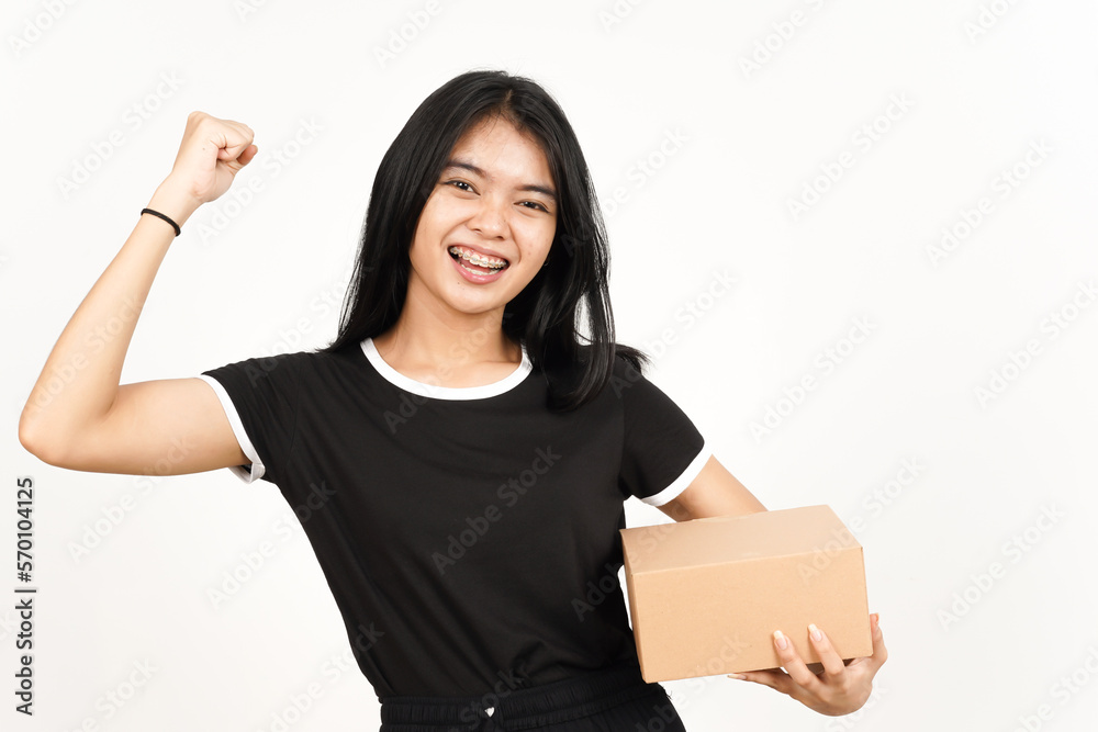 Holding Package Box or Cardboard Box Of Beautiful Asian Woman Isolated On White Background Holding Package Box or Cardboard Box Of Beautiful Asian Woman Isolated On White Background