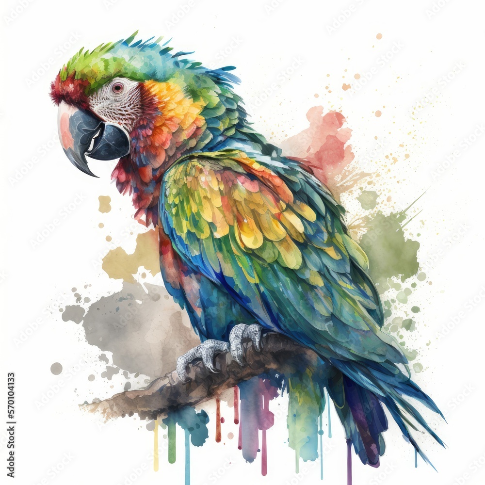 Obraz premium Watercolor Illustration of a Macaw, Blue, Green, Red, Orange, Generative AI