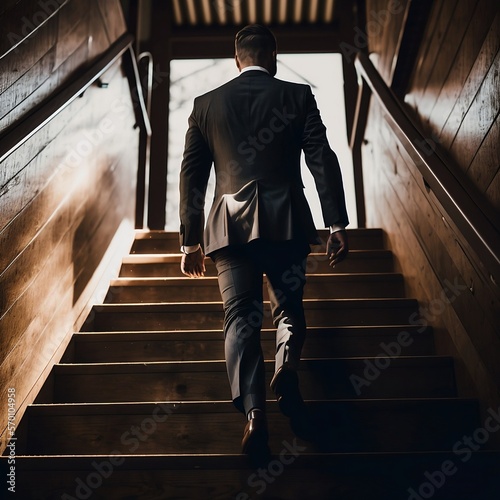 walking up stairs in a suit