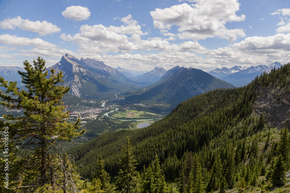 View of the town of Banff from the top of the mountain.  Hiking, climbing, Tourism Alberta Canada. Canadian Rocky Mountains
