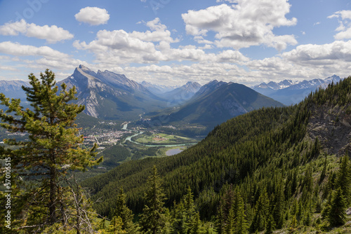 View of the town of Banff from the top of the mountain. Hiking, climbing, Tourism Alberta Canada. Canadian Rocky Mountains