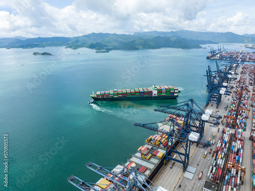Photography Aerial view of Manufacturing logistics cargo container ship at ship port in Yantian port, shenzhen city, China