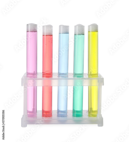 Test tubes with colorful liquids isolated on white. Chemical reaction