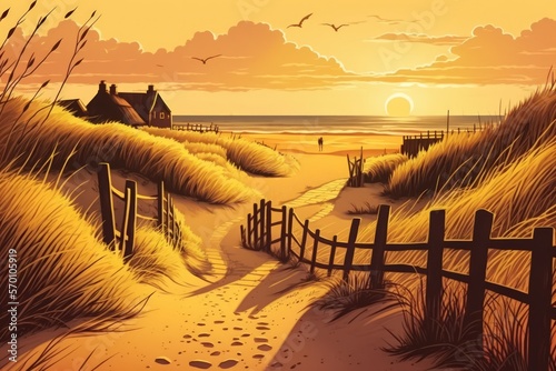 North Holland, Netherlands, path leading to North Sea beach in golden sunset sunlight. Generative AI