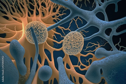 Single cells living on the fibers of a mouse's myenteric plexus, which resembles a net, can be seen in extreme detail in this scanning electron microscope image. Generative AI photo