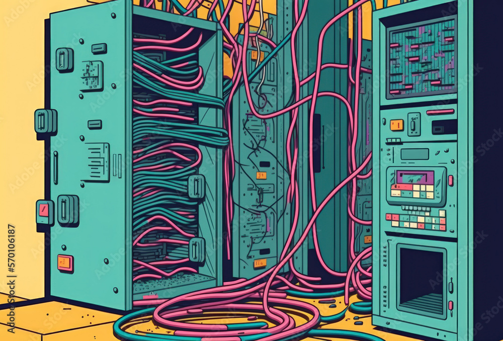 In the server room, there are tangled Internet cables. optical wires ...