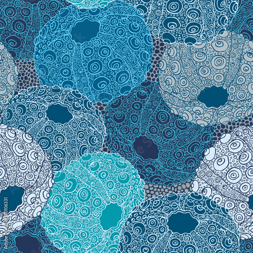 Sea urchin shell seamless pattern. Fresh ocean teal background. Vector illustration.