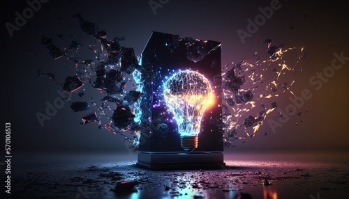 Think outside the box light bulb, creative openness to technological smart progress created with generative ai technology