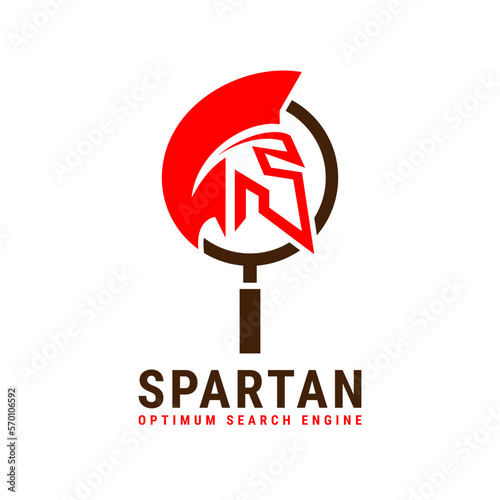 Red Spartan Helmet and Magnifying Glass Combination as Modern Search Symbol Logo Design.