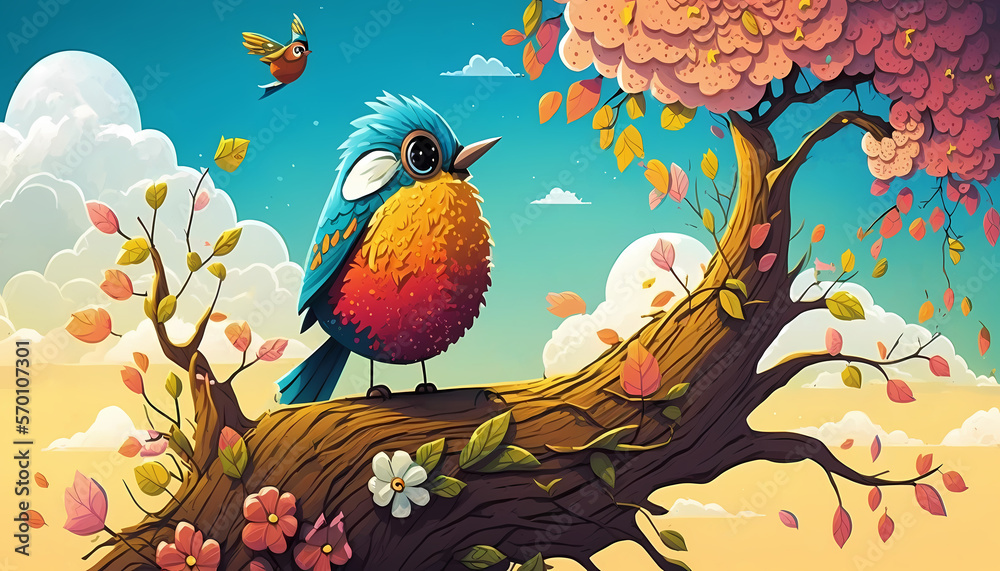 Cute Imagination a bird on a tree trunk filled with colorful flowers. Use for Kid or baby book ,etc . Generative ai.