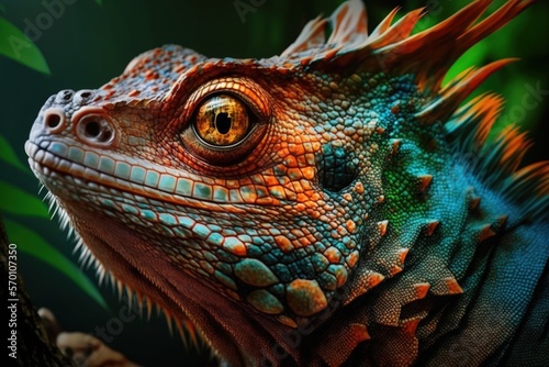 Photograph of a stunning exotic iguana  a chameleon s close up head  a lizard with multicolored skin  a wild animal  and rainforest fauna. Generative AI