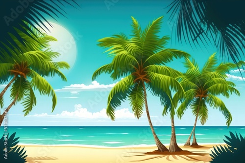 In Punta Cana  Dominican Republic  coconut palm trees stand out against a clear sky and a gorgeous beach. background wallpaper for holidays and vacations. A nice tropical beach is visible. Generative