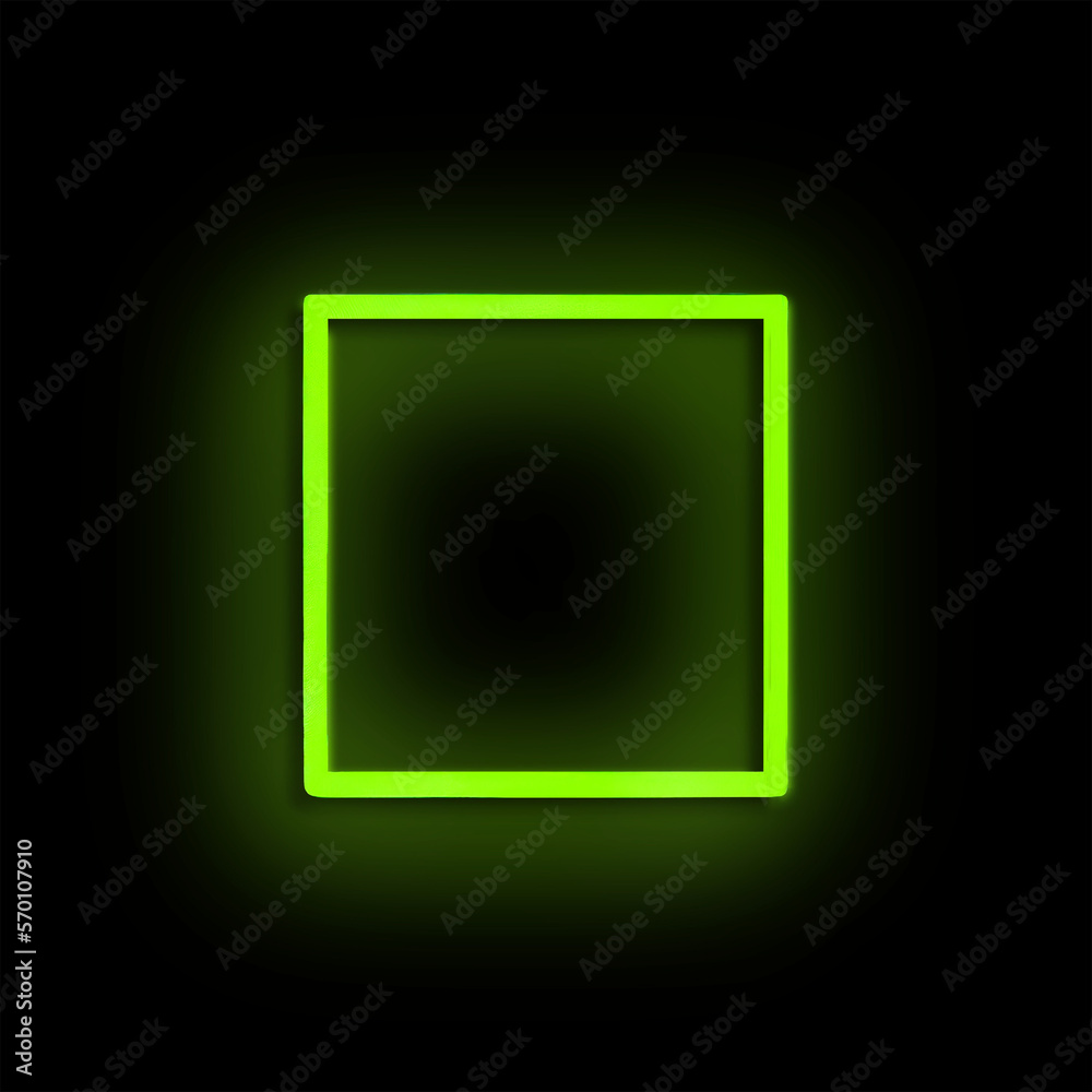 Neon yellow green, square frame, black background, glowing, simple, sign, empty frame