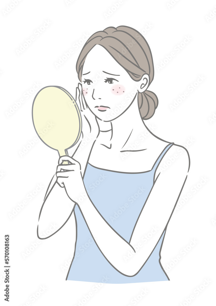 お肌の悩みトラブルに悲しむ女性 ニキビ 肌荒れ ふきでもの お肌の悩みトラブルに悲しむ女性 ニキビ 肌荒れ ふきでもの