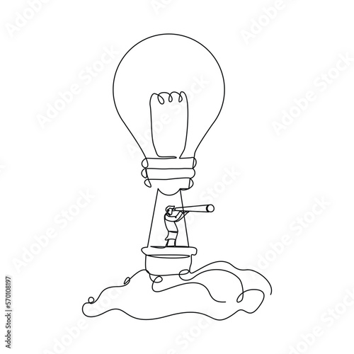 Continuous single one line drawing art of man flying with light bulb balloon using monocular telescope searching for future and opportunity. Vector illustration of business vision.