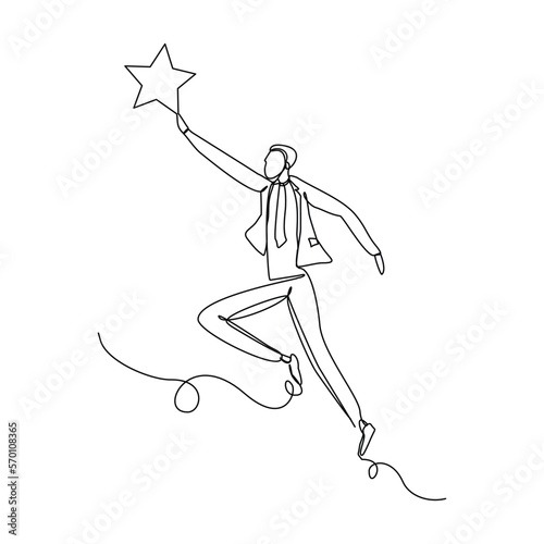 Continuous single one line drawing of businessman reaching star. Vector illustration concept of business reward, success, career goal.