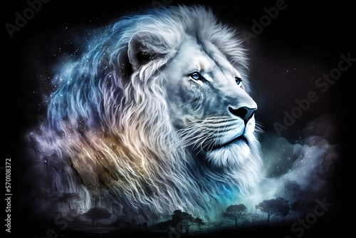 Noble white lion portrait with northern lights aurora in oilpainting illustration for background and wallpaper AI