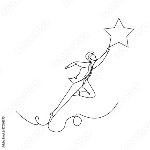 Continuous single one line drawing of businessman reaching star. Vector illustration concept of business reward, success, career goal.