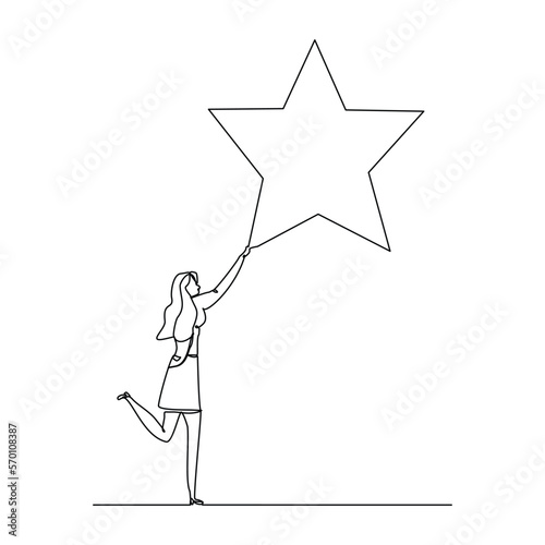 Continuous single one line drawing of business woman reaching star. Vector illustration concept of business reward, success, career goal.